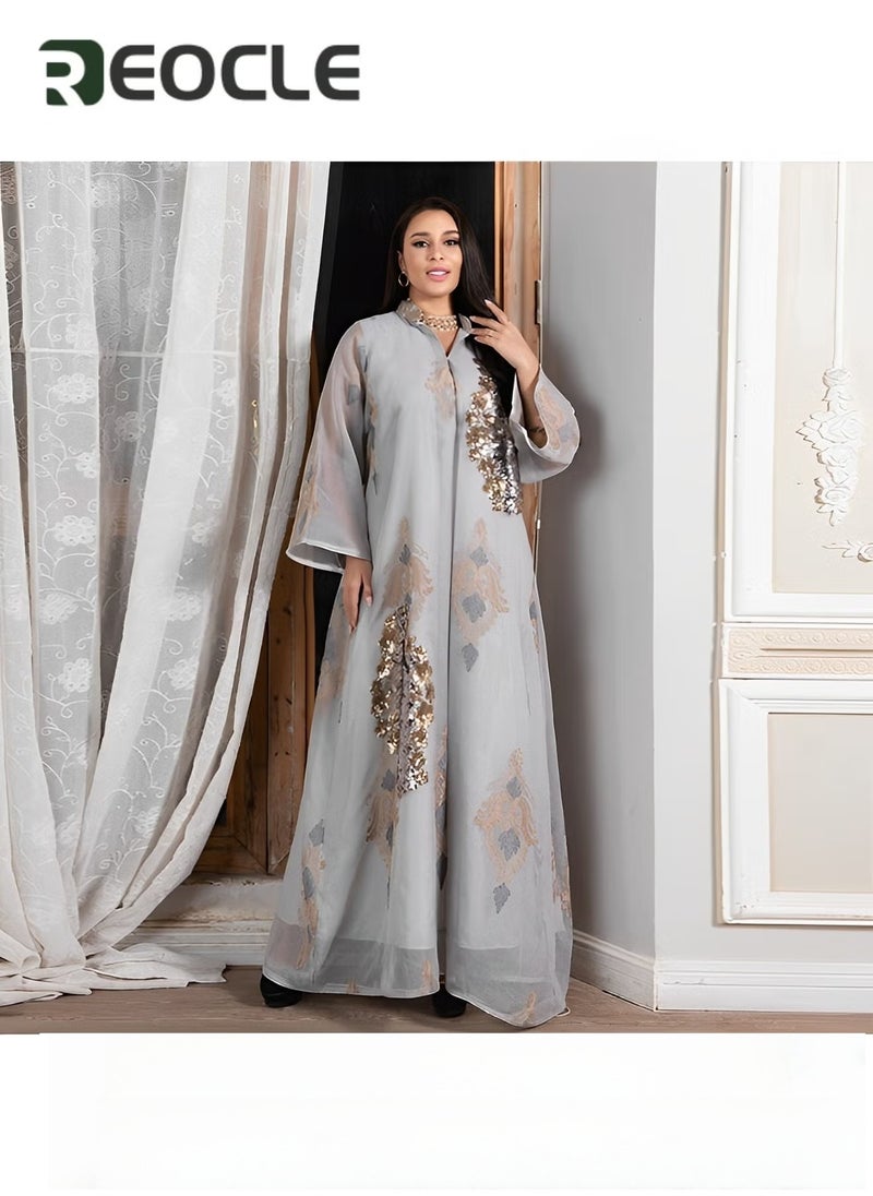 REOCLE Muslim Evening Dress Sequined Embroidered Mesh Dress for Women Skin-friendly Breathable Loose Hem to Modify Leg Shape - Image 2