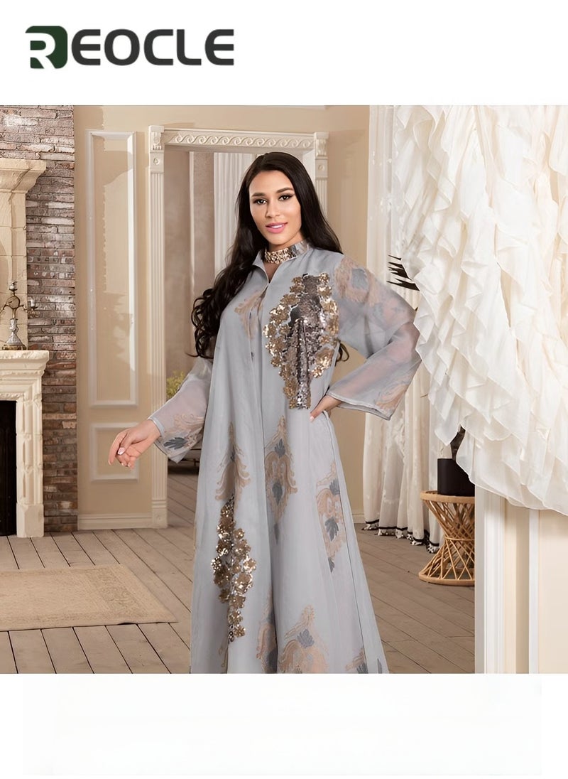 REOCLE Muslim Evening Dress Sequined Embroidered Mesh Dress for Women Skin-friendly Breathable Loose Hem to Modify Leg Shape - Image 5