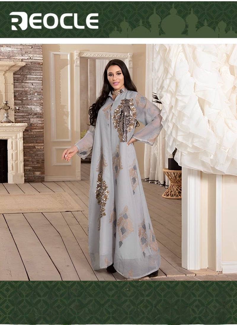 REOCLE Muslim Evening Dress Sequined Embroidered Mesh Dress for Women Skin-friendly Breathable Loose Hem to Modify Leg Shape - Image 1