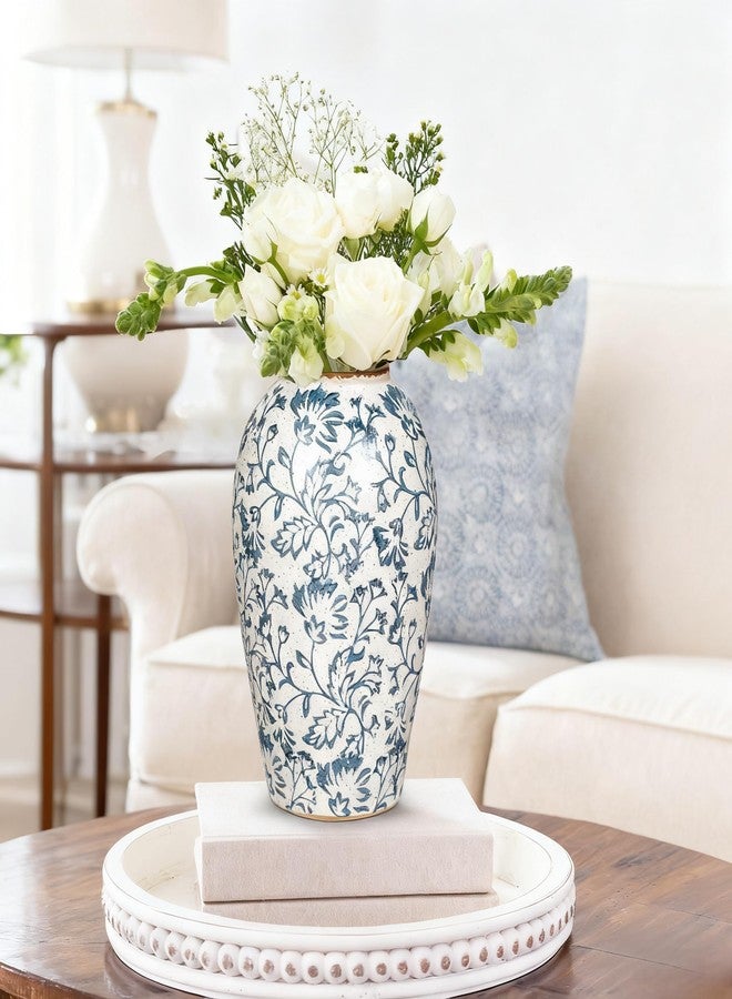 Arborus Ceramic Vase Decorative Flower Vase White and Blue Rustic Vases for Floral Farmhouse Home Kitchen Decoration - Image 2