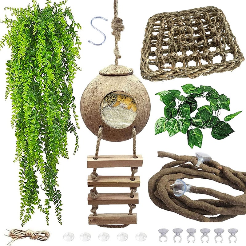 MUYG Lizard Coco Den with Ladder,Leopard Gecko Coconut Husk Hut Hideout Home Reptile Hammock Climbing Hanging Plants Decor Habitat Tank Accessories for Bearded Dragon Snake Chameleon - Image 1