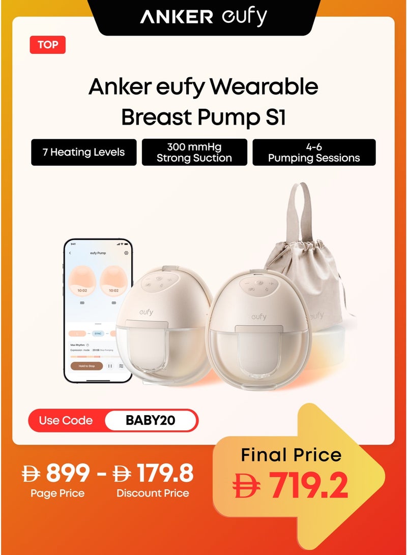 eufy Wearable Breast Pump S1 Electric Hands-Free Breast Pump with Heating Technology, App-Controlled Smart Rhythm, Hospital-Grade Suction, Portable Design, Leak-Proof and Ultra-Quiet - Image 1