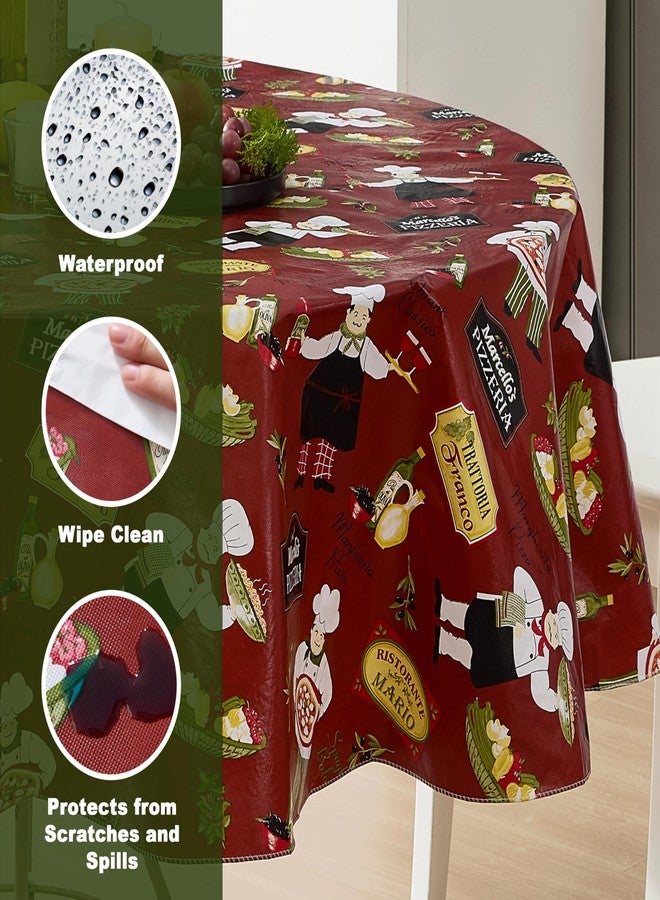 Newbridge 70 Inch Round Vinyl Tablecloth with Flannel Backing, Italian Red Bistro Chef, Novelty Chef Indoor Outdoor Waterproof Table Cover for Picnic, Barbecue, Patio and Kitchen Dining - Image 3