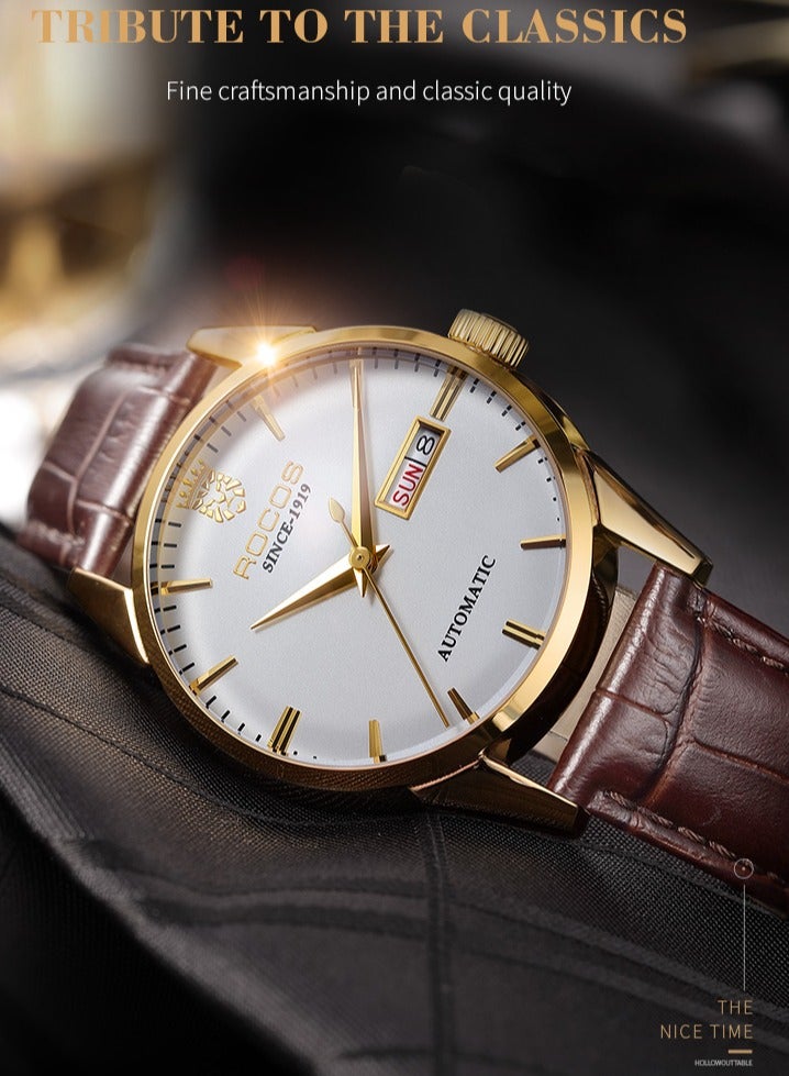 روكوس ساعة يد رجالية أوتوماتيكية باللون الذهبي والبني مع عرض التاريخ واليوم وسوار جلدي، مقاومة للماء حتى 3ATM - Image 2