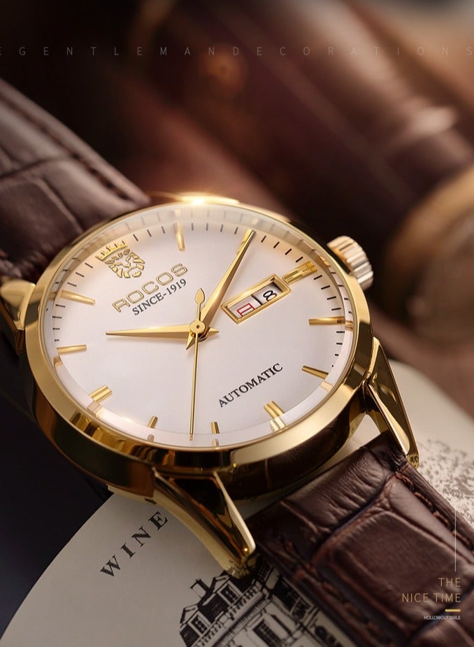 روكوس ساعة يد رجالية أوتوماتيكية باللون الذهبي والبني مع عرض التاريخ واليوم وسوار جلدي، مقاومة للماء حتى 3ATM - Image 3