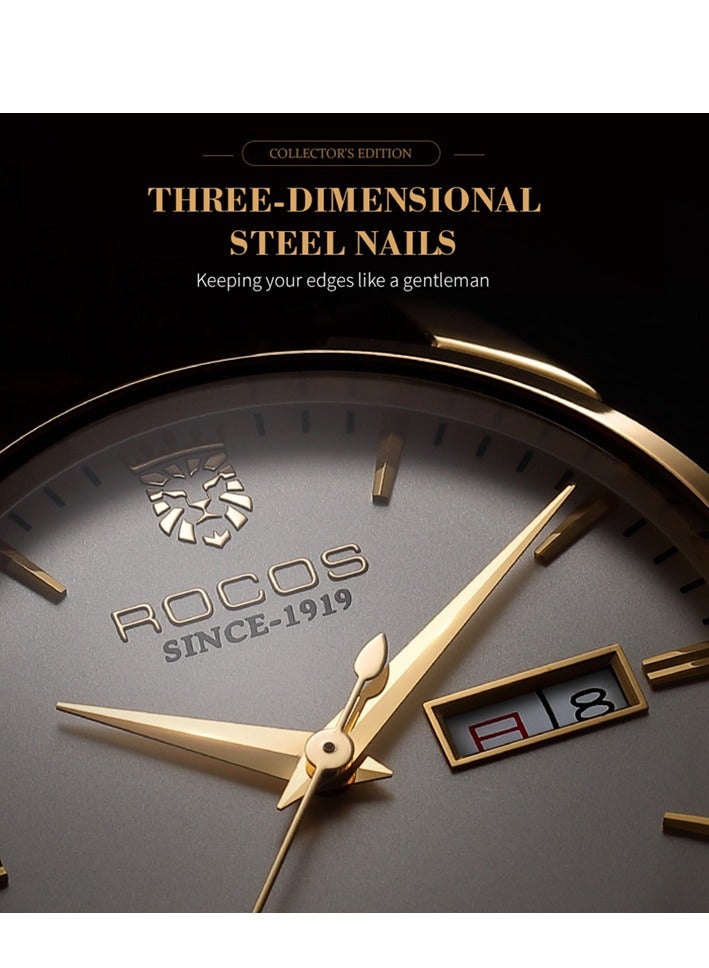 روكوس ساعة يد رجالية أوتوماتيكية باللون الذهبي والبني مع عرض التاريخ واليوم وسوار جلدي، مقاومة للماء حتى 3ATM - Image 4