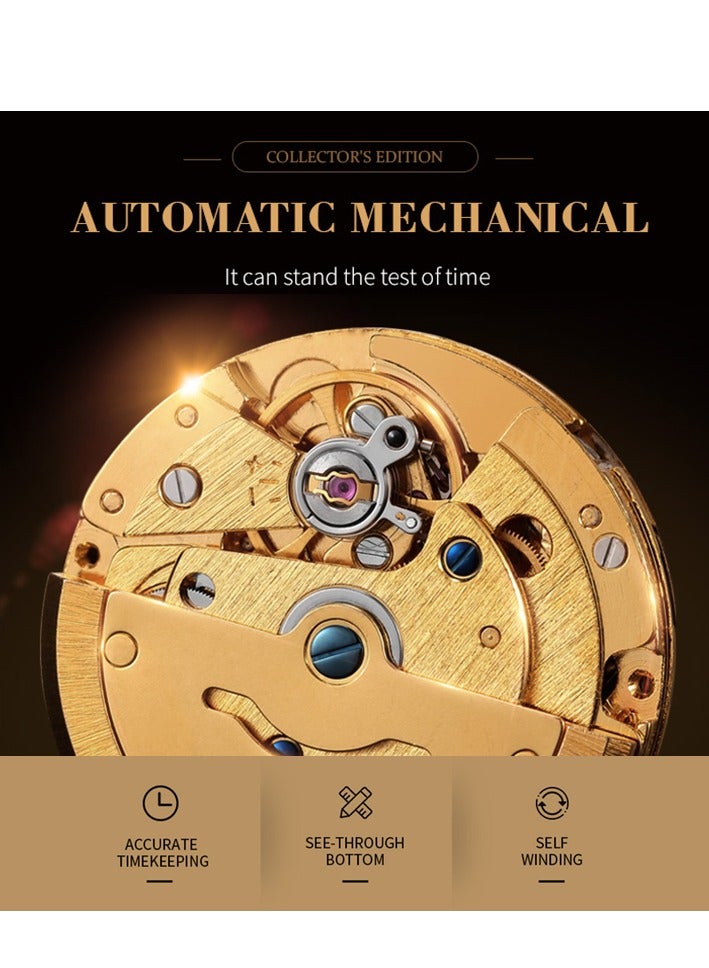 روكوس ساعة يد رجالية أوتوماتيكية باللون الذهبي والبني مع عرض التاريخ واليوم وسوار جلدي، مقاومة للماء حتى 3ATM - Image 5