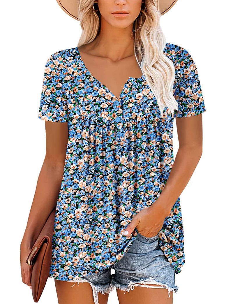 ROSELINLIN Womens Tops Blue Short Sleeve Summer Shirts V Neck Floral Pull Over Ladies Tops XL - Image 2