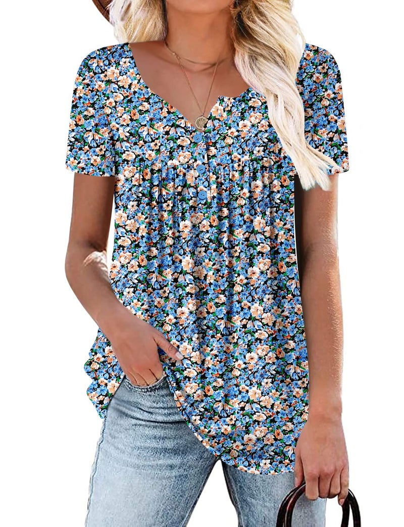 ROSELINLIN Womens Tops Blue Short Sleeve Summer Shirts V Neck Floral Pull Over Ladies Tops XL - Image 5