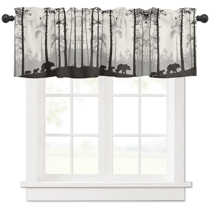 Hokiten Bear Pine Tree Black Sihouettes Window Valance Curtains Window Treatment for Kitchen Bathroom Bedroom Foggy Brown Beige Forest Rod Pocket Short Curtain 1 Panel 54x18 in 