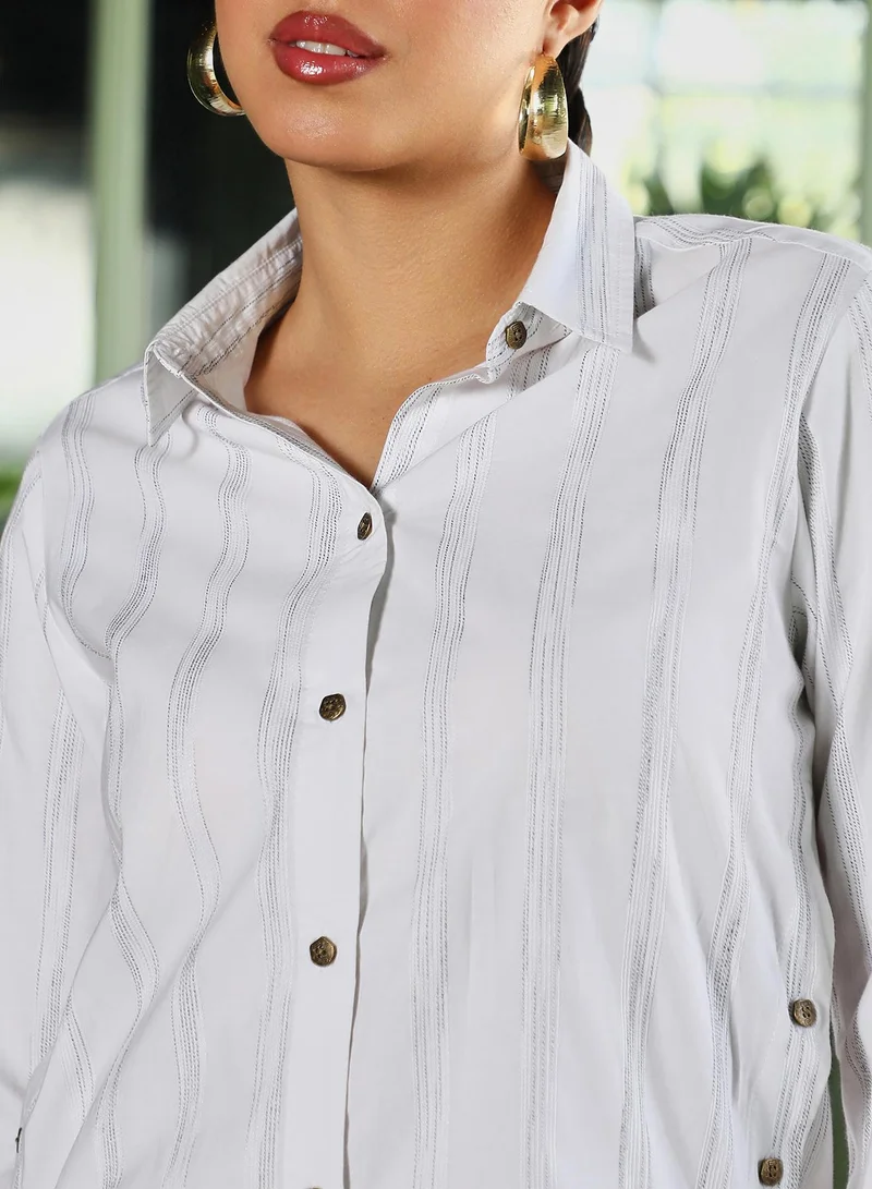 Pinacolada  Women's Chalk White Striped-Jacquard Curved Shirt for Women | Best Price UAE
