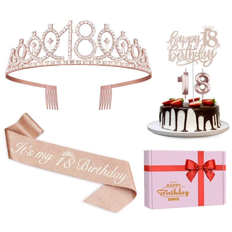 18th Birthday Decorations for Girls Including Sash CrownTiara Candles Cake Topper 18th Birthday Gifts for Girls Rose Gold Party Decor Supplies