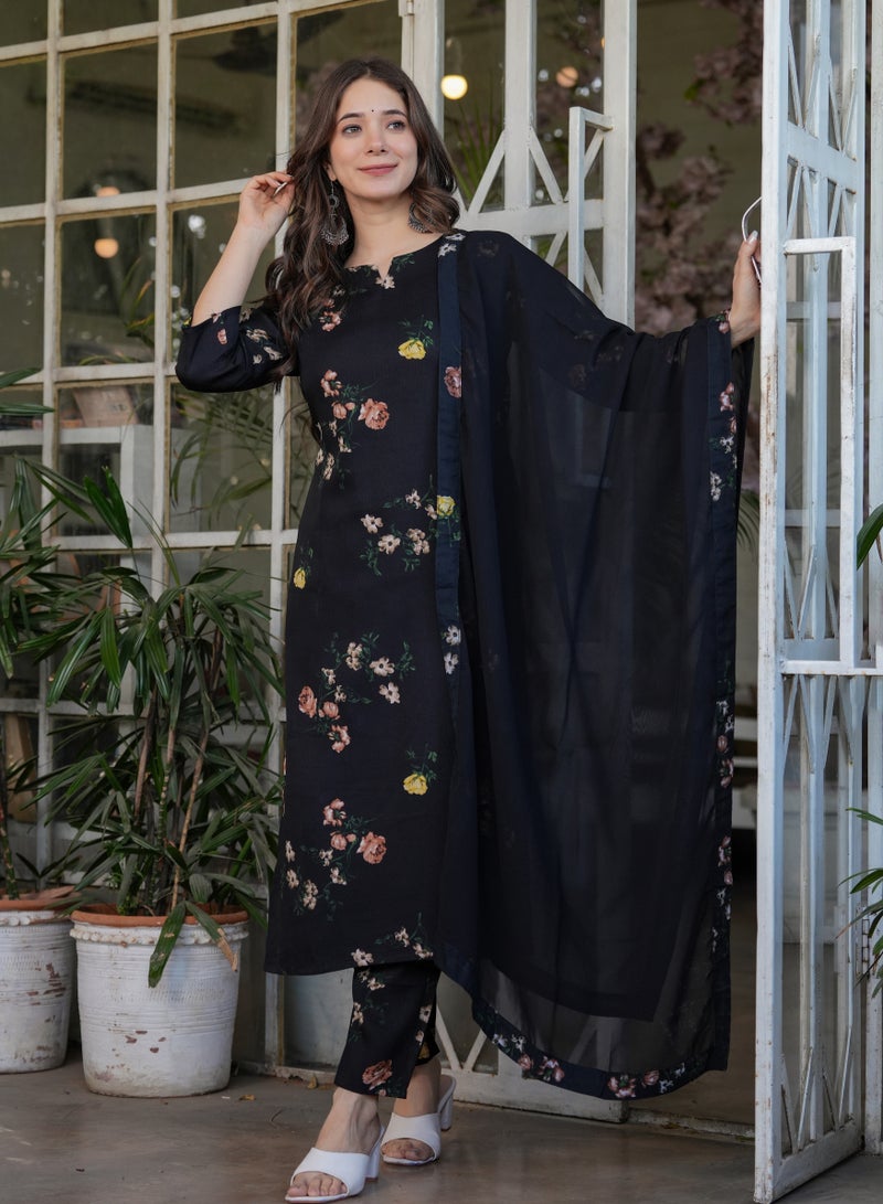 Women's Silk blend Black printed straight kurta with pant and dupatta sets - Image 1