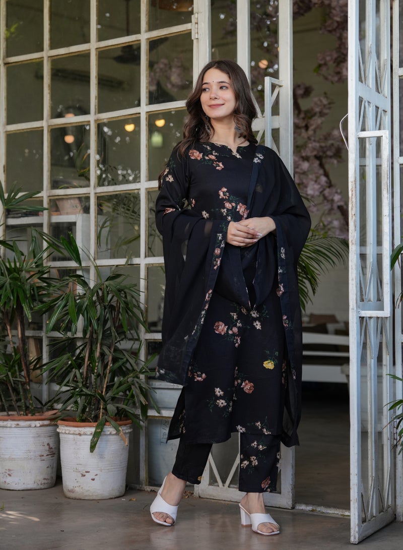 Women's Silk blend Black printed straight kurta with pant and dupatta sets - Image 2