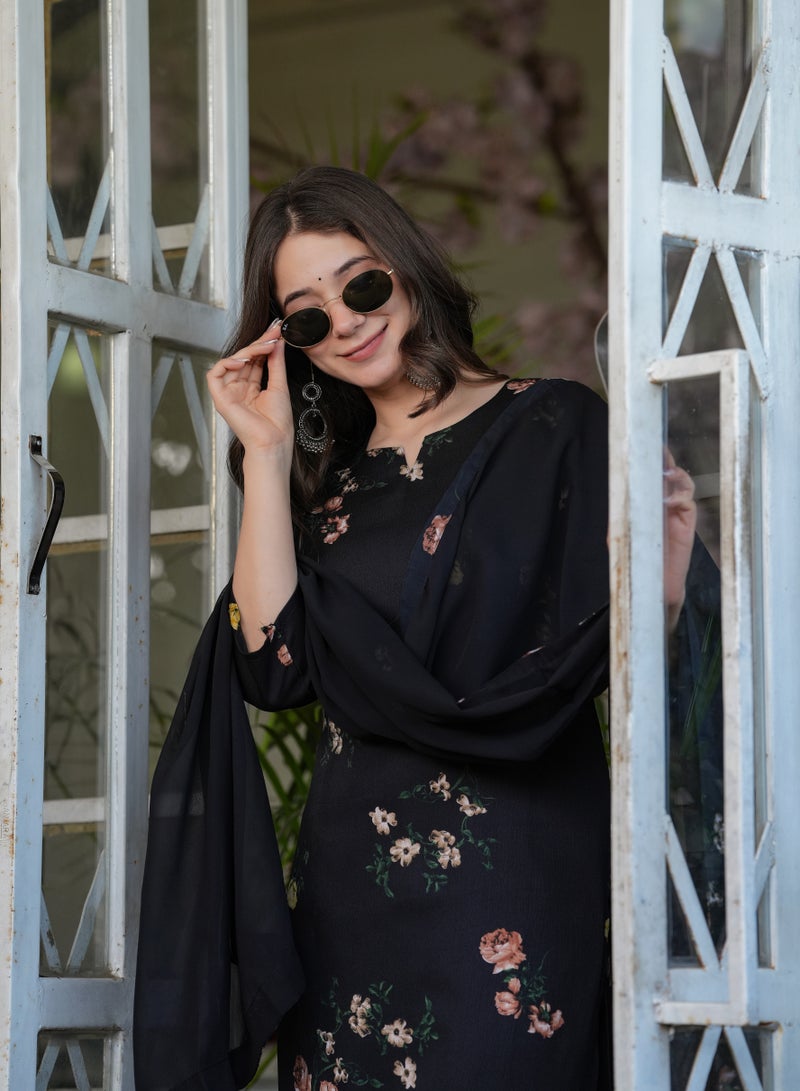 Women's Silk blend Black printed straight kurta with pant and dupatta sets - Image 4