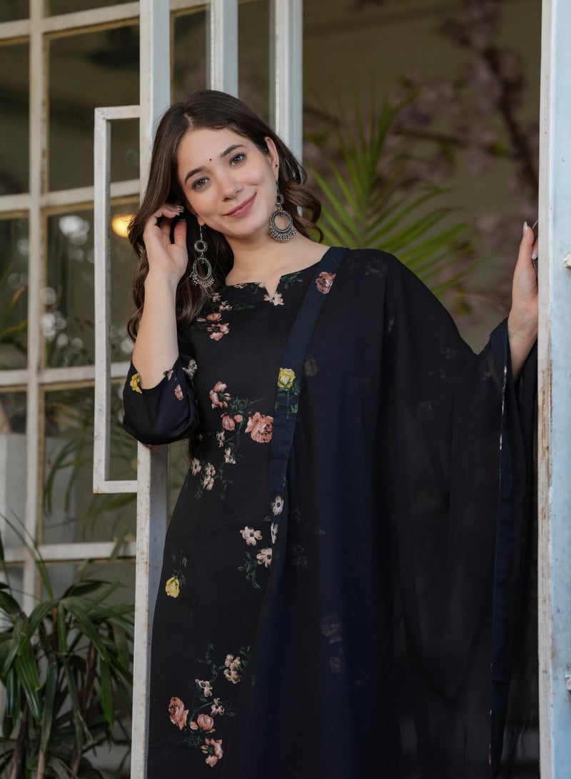 Women's Silk blend Black printed straight kurta with pant and dupatta sets - Image 5