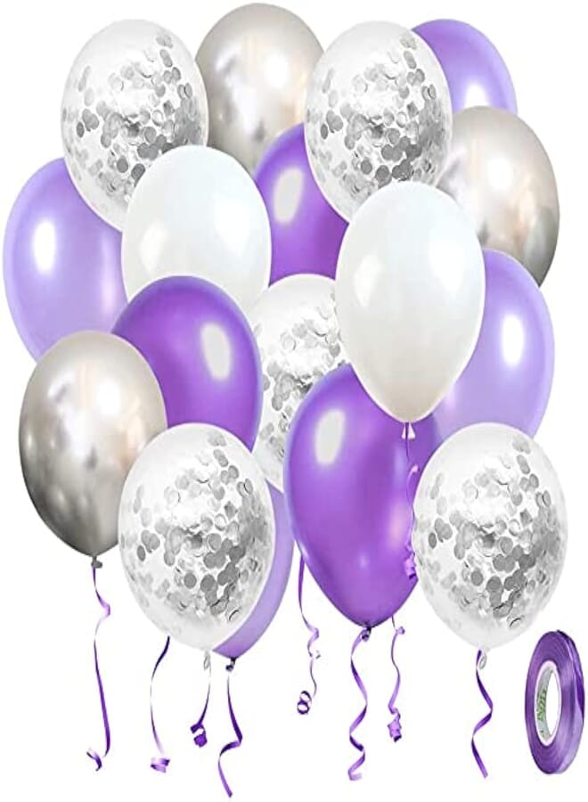 Secret Wedding Balloons Purple Violet White Silver 50 pcs 12 inch Confetti Metallic Helium Latex Balloon with Purple Ribbon for Girls Birthday Baby Shower Bridal Party Event Decoration