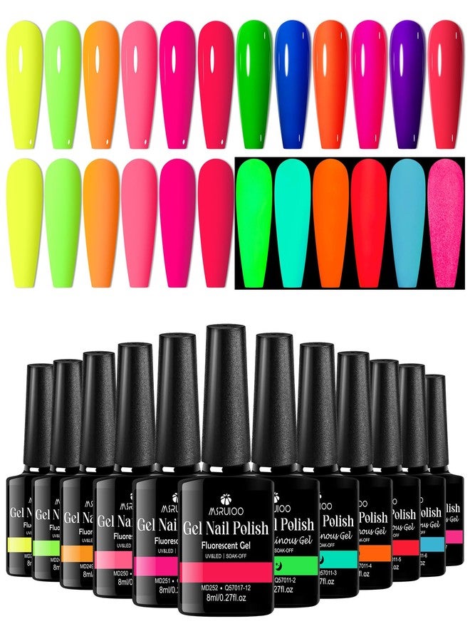 MSRUIOO 12 Colors Neon Gel Polish + Glow in The Dark Gel Nail Polish Hot Pink Green Blue Purple Neon Colors Nail Polish DIY Manicure Salon Gifts for Women Girls - Image 1