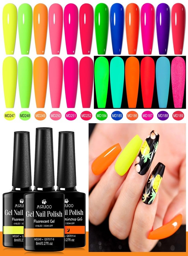 MSRUIOO 12 Colors Neon Gel Polish + Glow in The Dark Gel Nail Polish Hot Pink Green Blue Purple Neon Colors Nail Polish DIY Manicure Salon Gifts for Women Girls - Image 3