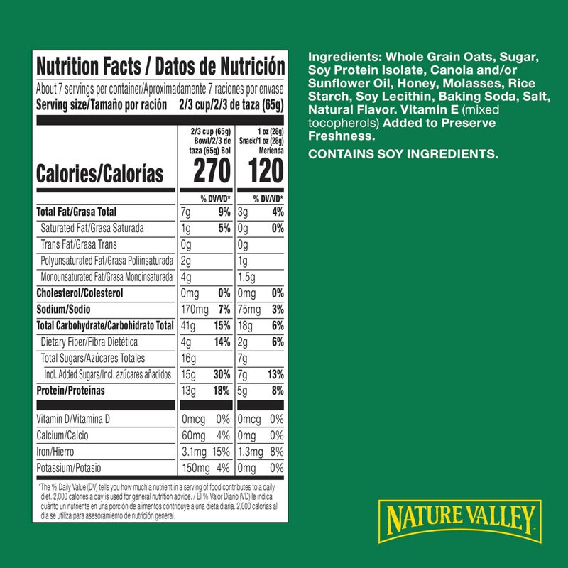 Nature Valley جرانولا بروتين ناتشر فالي، جرانولا الشوفان والعسل، كيس وجبات خفيفة قابل لإعادة الإغلاق، حجم عائلي، 17 أونصة - Image 2
