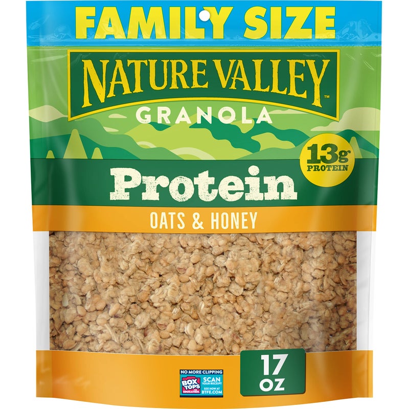 Nature Valley جرانولا بروتين ناتشر فالي، جرانولا الشوفان والعسل، كيس وجبات خفيفة قابل لإعادة الإغلاق، حجم عائلي، 17 أونصة - Image 1