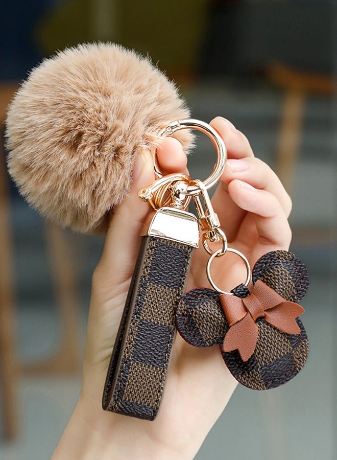 KeyAmor Dark brown keychain with elegant fluffy fur for women , A great option as a gift . Plaid leather and golden metal keychain includes matching accessories - Image 1