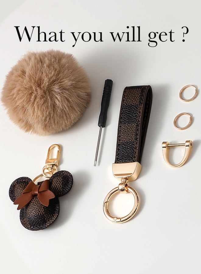 KeyAmor Dark brown keychain with elegant fluffy fur for women , A great option as a gift . Plaid leather and golden metal keychain includes matching accessories - Image 2