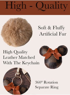 KeyAmor Dark brown keychain with elegant fluffy fur for women , A great option as a gift . Plaid leather and golden metal keychain includes matching accessories  - Image 4
