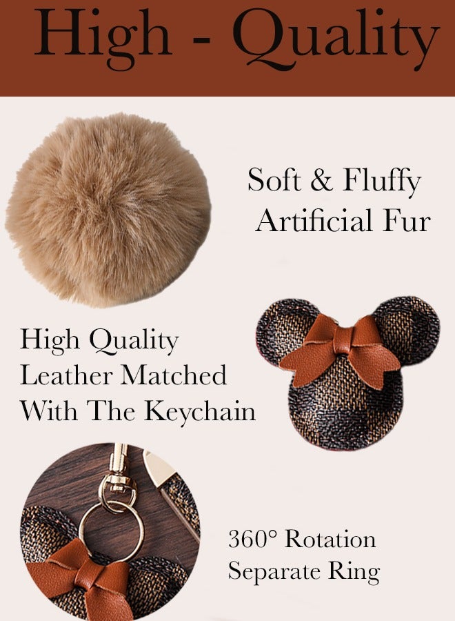 KeyAmor Dark brown keychain with elegant fluffy fur for women , A great option as a gift . Plaid leather and golden metal keychain includes matching accessories - Image 4
