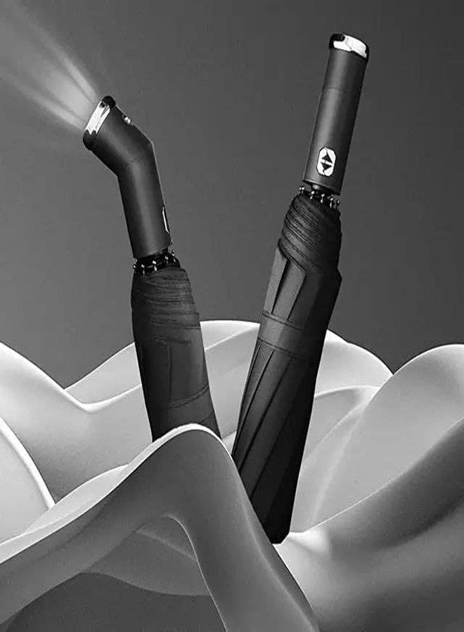 McFarlane Automatic Open Close Umbrella Flashlight Handle Umbrella Safe Reflective Frame Windproof Water Resistant Foldable Umbrella Lightweight (Black) - Image 2