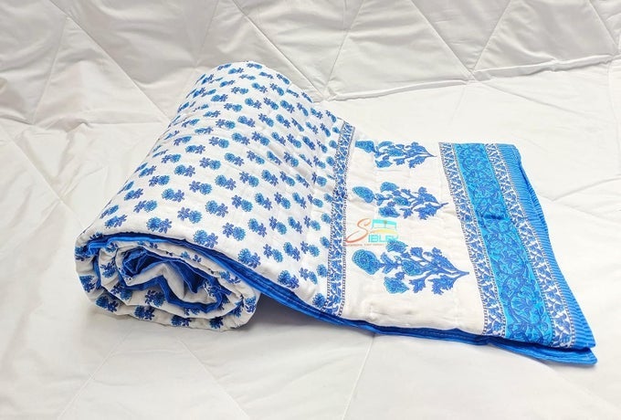 210 TC COTTON SINGLE BED JAIPURI RAZAI FLORAL PRINT 55X85 INCHE BLUE