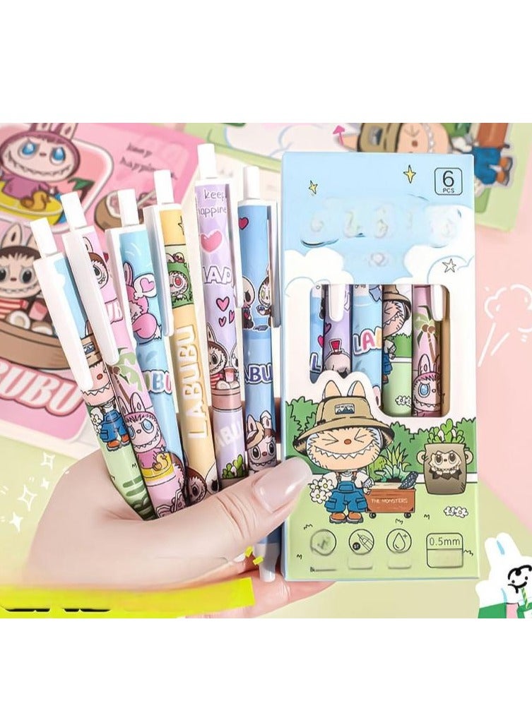 Generic 6 Pcs Cute Cartoon  Pens, Soft to Hold - 0.5mm Fine Tip Black Ink, Soft Colors, with Cute Animal Patterns - Perfect for School Supplies and Office Stationery Black Ink  - Image 1