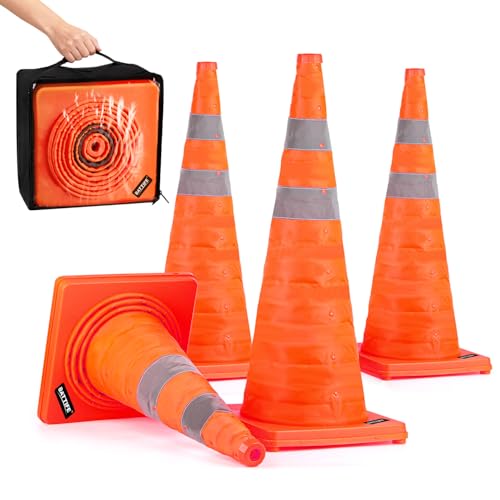 BATTIFE 4 Pack 28 Inch Collapsible Traffic Safety Orange Cones Multi Purpose Popup Cones and Reflective Collar for Road Parking Driving Practice - Image 1