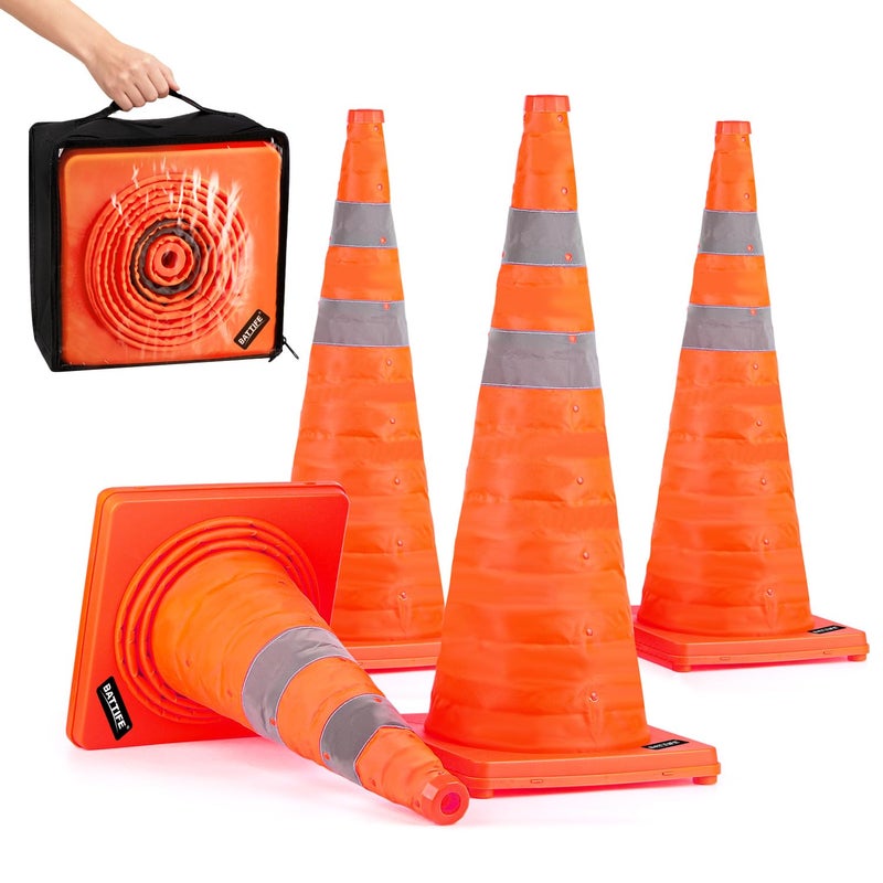 BATTIFE 4 Pack 28 Inch Collapsible Traffic Safety Orange Cones Multi Purpose Popup Cones and Reflective Collar for Road Parking Driving Practice - Image 2