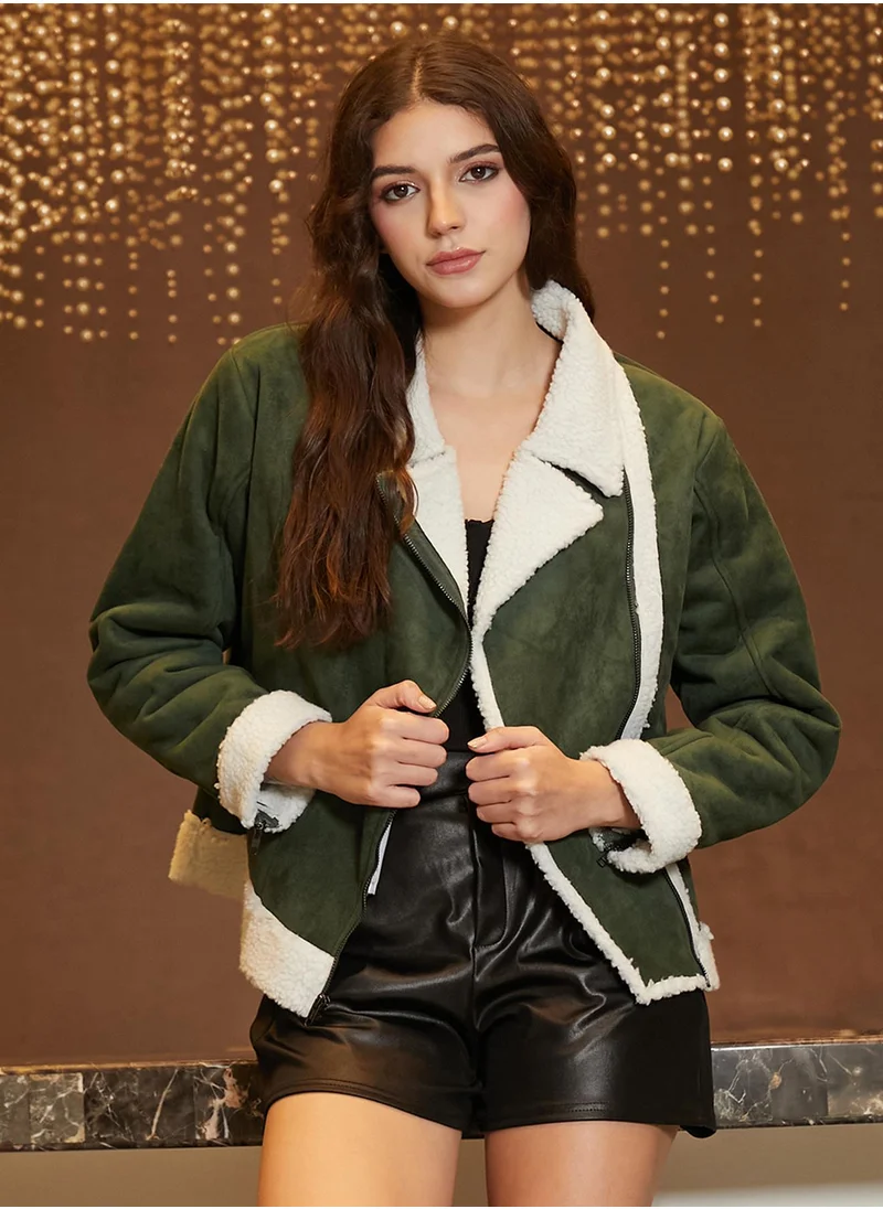 كامبوس سوترا Women's Seaweed Green Contrast-Fleece Biker Jacket