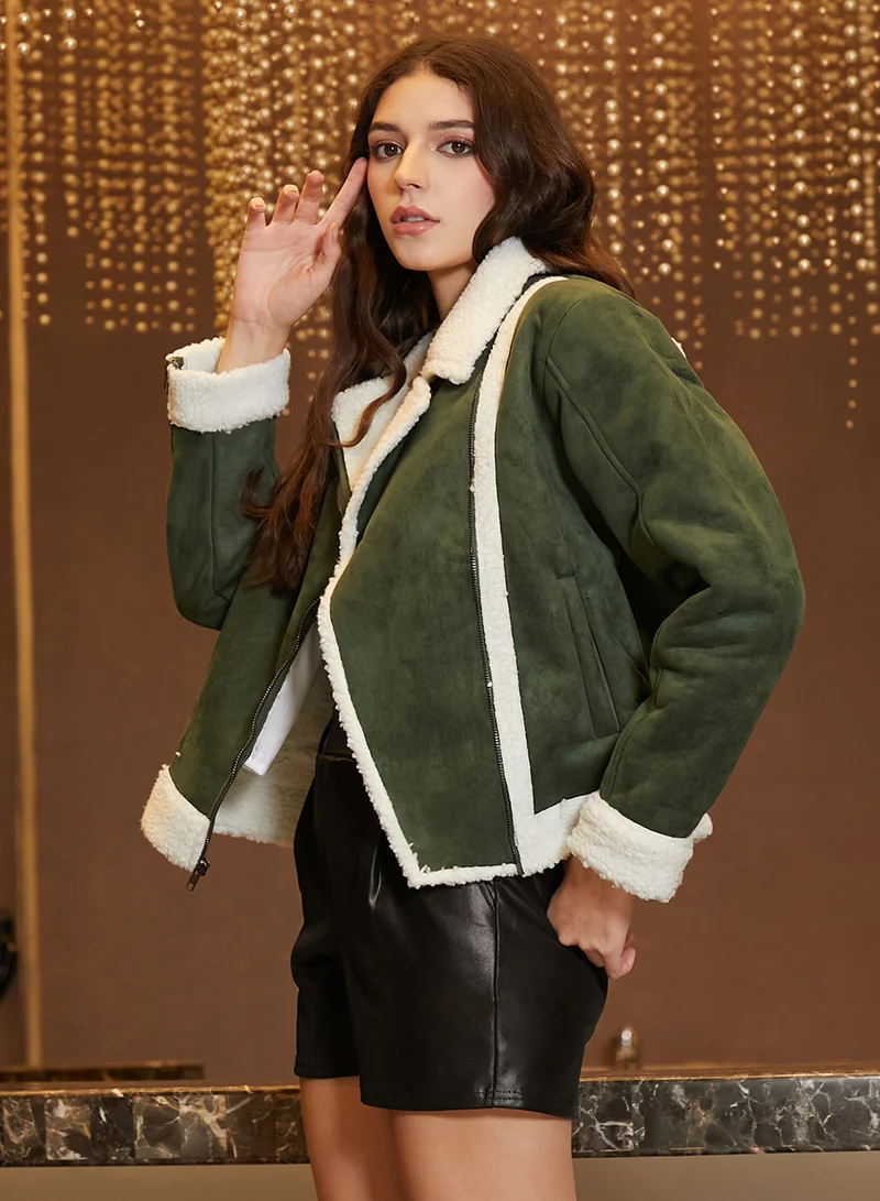 كامبوس سوترا Women's Seaweed Green Contrast-Fleece Biker Jacket
