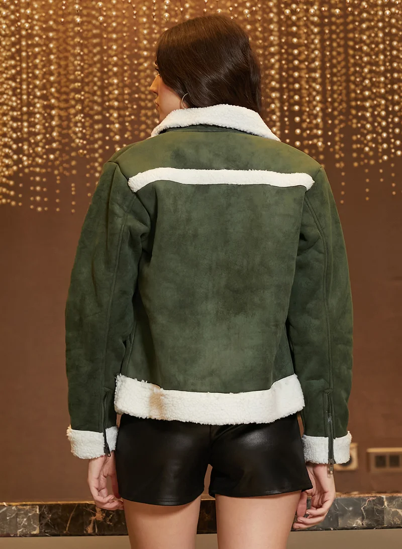 كامبوس سوترا Women's Seaweed Green Contrast-Fleece Biker Jacket