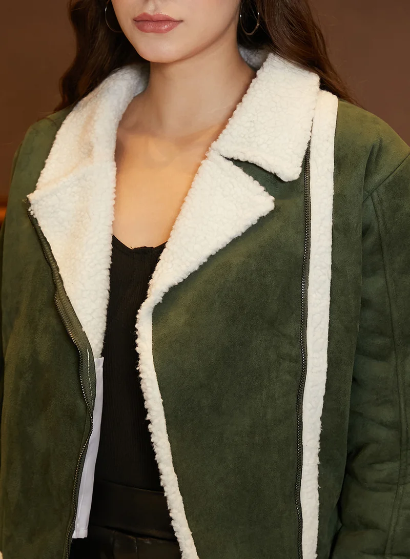 كامبوس سوترا Women's Seaweed Green Contrast-Fleece Biker Jacket