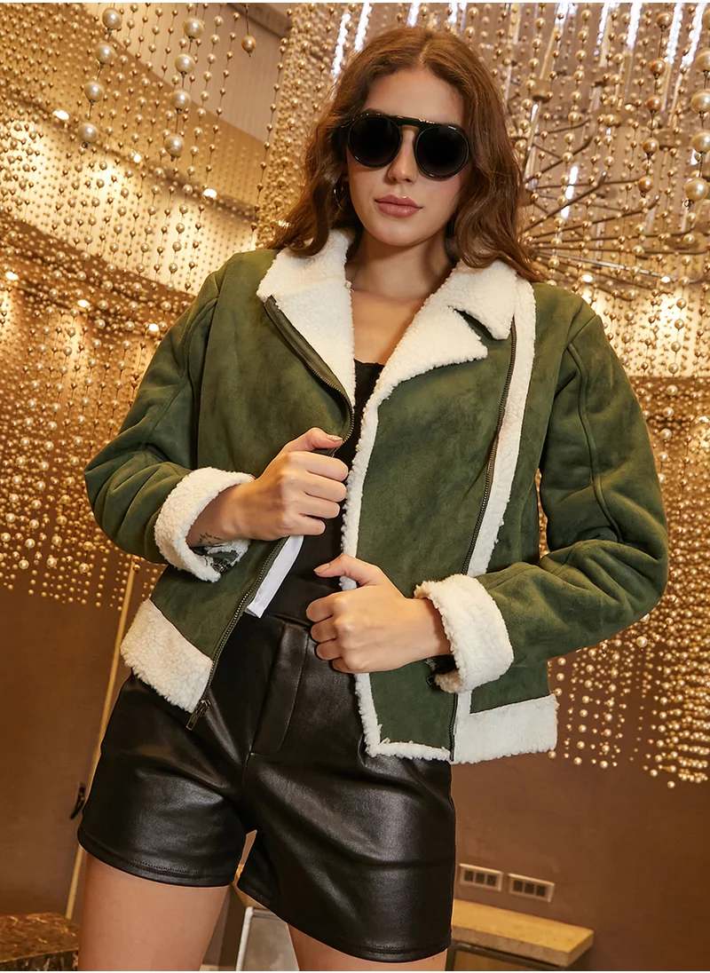 كامبوس سوترا Women's Seaweed Green Contrast-Fleece Biker Jacket