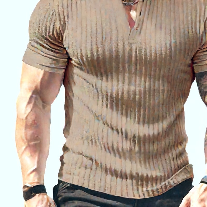 تيشيرت هنلي رجالي بقصة ضيقة، مخطّط ومحبوك صيفي - Image 5