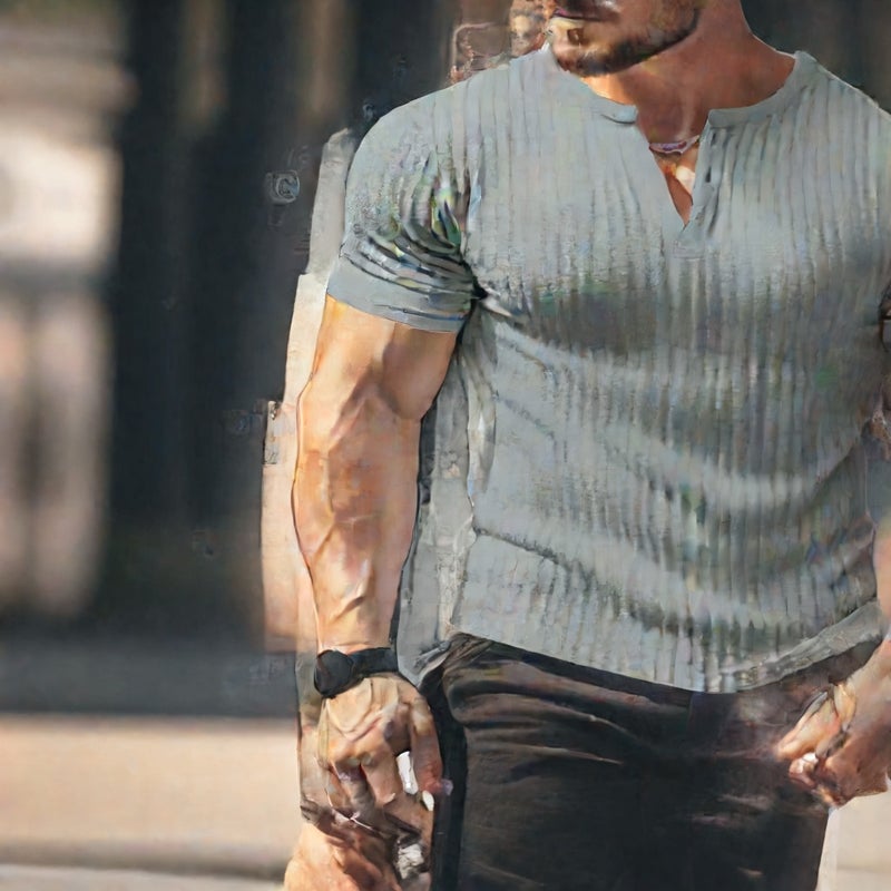 تيشيرت هنلي رجالي بقصة ضيقة، مخطّط ومحبوك صيفي - Image 4