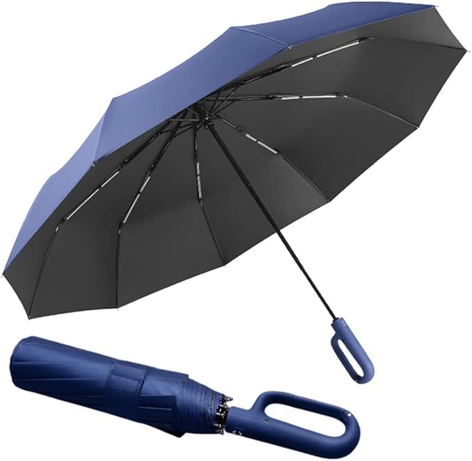 PRANIJ 3-Fold Compact Travel Golf Umbrella with Carabiner Handle | Auto Open-Close 10 Dual Rib Windproof Design | UV Protection Portable Umbrella for Rain/Sun for Car, Travel, Outdoor - Image 3