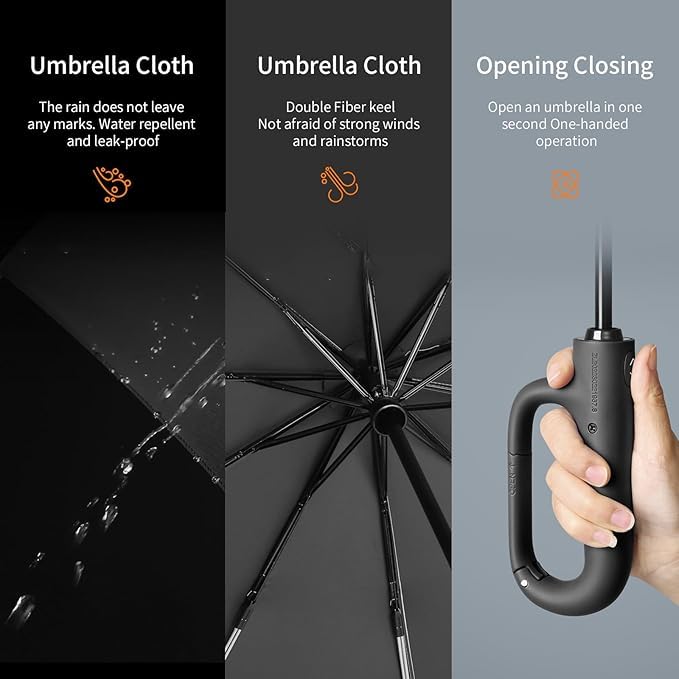 PRANIJ 3-Fold Compact Travel Golf Umbrella with Carabiner Handle | Auto Open-Close 10 Dual Rib Windproof Design | UV Protection Portable Umbrella for Rain/Sun for Car, Travel, Outdoor - Image 4