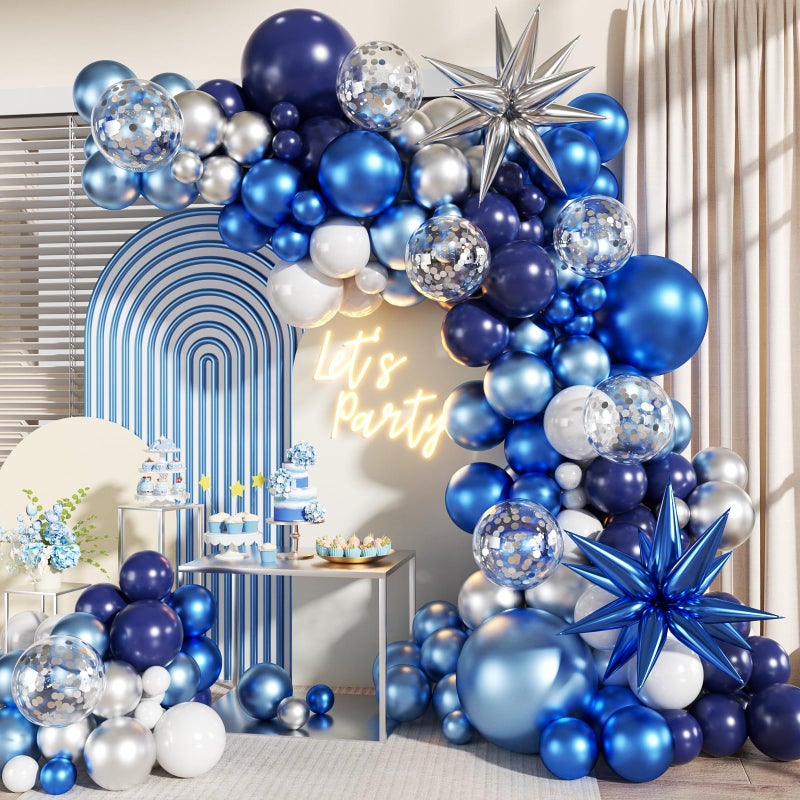 LANGASQUE Blue White Silver Balloon Garland Arch Kit 140Pcs Navy Light Metallic Blue Silver White Confetti Balloons With Stars for Birthday Wedding Birdal Shower Graduation Fathers Day Party Decorations - Image 3