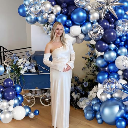 LANGASQUE Blue White Silver Balloon Garland Arch Kit 140Pcs Navy Light Metallic Blue Silver White Confetti Balloons With Stars for Birthday Wedding Birdal Shower Graduation Fathers Day Party Decorations - Image 5