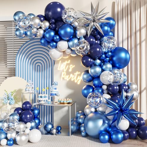 LANGASQUE Blue White Silver Balloon Garland Arch Kit 140Pcs Navy Light Metallic Blue Silver White Confetti Balloons With Stars for Birthday Wedding Birdal Shower Graduation Fathers Day Party Decorations - Image 1
