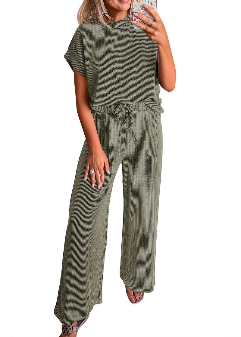 KIRUNDO 2 Piece Sets for Women Dressy Casual Ribbed Knit Short Sleeve Tops Wide Leg Pants Lounge Set Travel Airport Outfits(Sage Green, Small) - Image 1