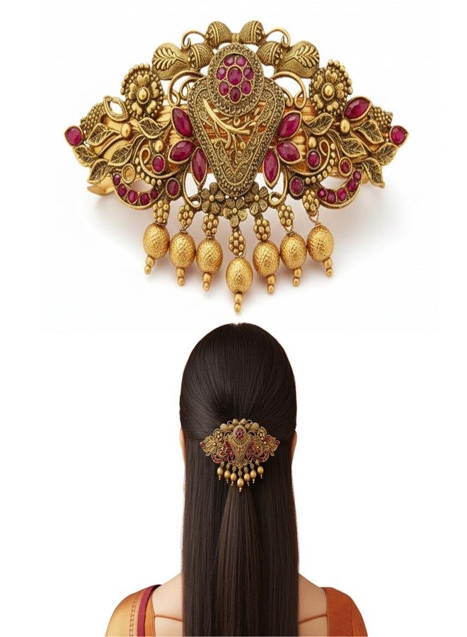 JWELLA Gold-Plated Antique Hair Clip with Pink & Green Stones & Drops Bridal & Festive Accessory (Design 5) - Image 1
