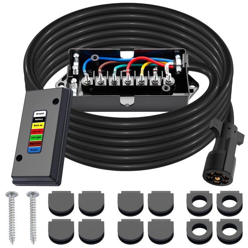 CheeMuii 15 FT Trailer Wiring Harness Kit Heavy Duty 7 Way Trailer Cord with 7 Pin Trailer Plug and Junction Box Kit Premium Light and Brake Wiring Wires for Trailer RV - Image 1