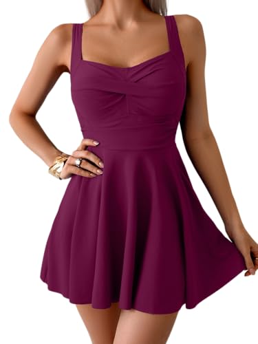 B2prity One Piece Swimdress Swimsuit for Women Tummy Control Wrap Swim Dress Modest Ruched Skirt Bathing Suit Wine Red